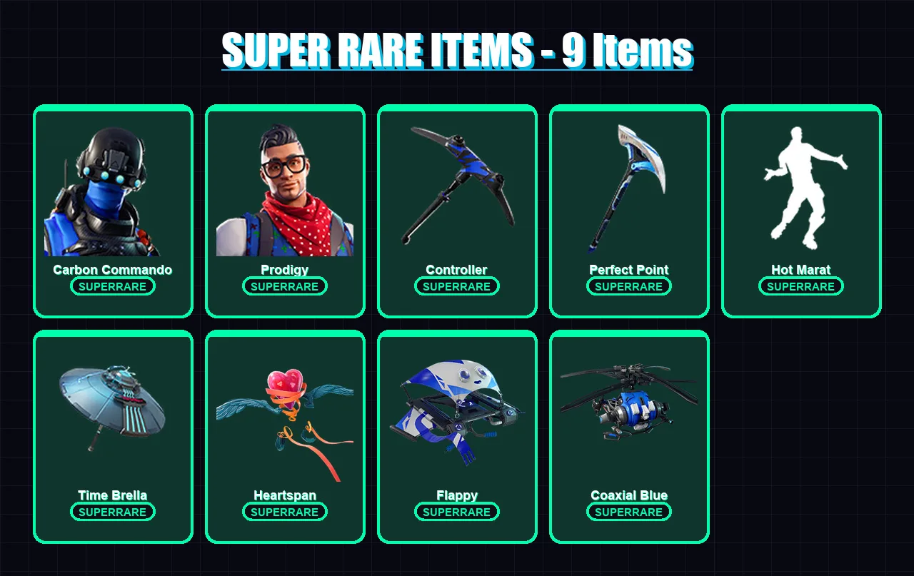 [SWITCH/XBOX/PC] | Carbon Commando | Prodigy | Sentinel | Hybrid | Blackheart | 26 skin | 35 pickaxe | 51 emote | 48 glider | Lv564 — Fortnite account