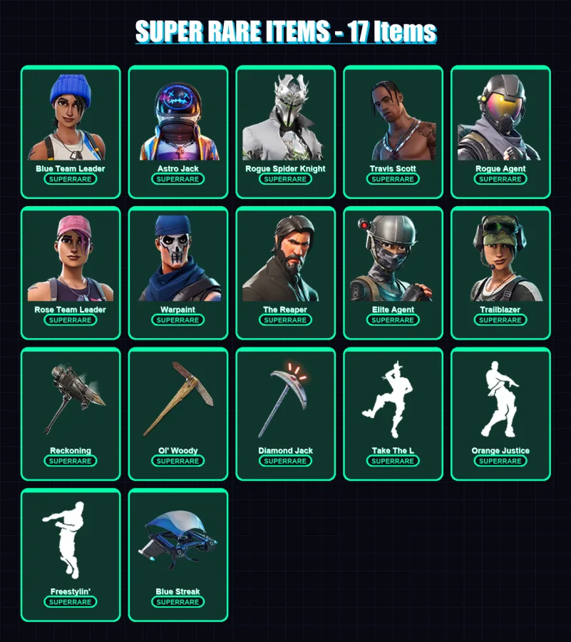 [PS4/PS5/PC] | Blue Team Leader | Astro Jack | Rogue Spider Knight | Travis Scott | Rogue Agent | 110 skin | 77 pickaxe | 50 emote | 58 glider | Lv7