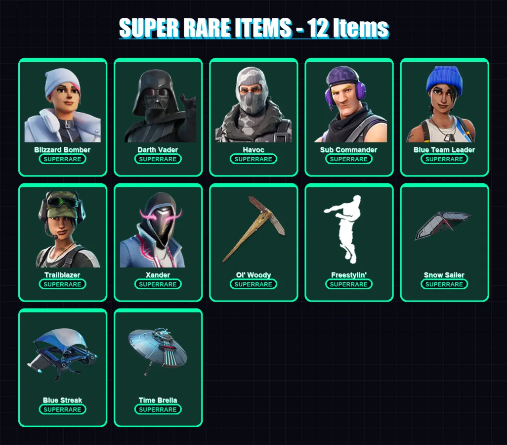[PC] | Blizzard Bomber | Darth Vader | Havoc | Sub Commander | Blue Team Leader | 106 skin | 109 pickaxe | 75 emote | 82 glider | Lv1171