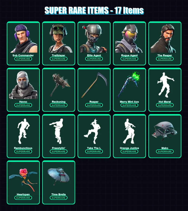 [PS4/PS5/XBOX/PC] | Sub Commander | Trailblazer | Elite Agent | Rogue Agent | The Reaper | 159 skin | 119 pickaxe | 127 emote | 103 glider | Lv1599