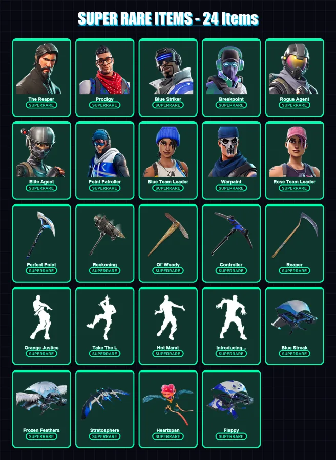 [PC/XBOX/PSN] | The Reaper | Prodigy | Blue Striker | Breakpoint | Rogue Agent | 102 skin | 88 pickaxe | 112 emote | 87 glider | Lv999