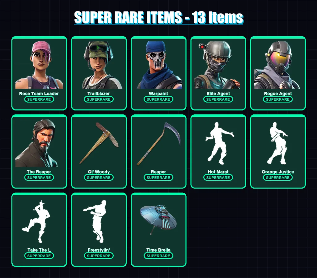 [PC/PSN] | Rose Team Leader | Trailblazer | Warpaint | Elite Agent | Rogue Agent | 61 skin | 80 pickaxe | 80 emote | 83 glider | Lv1093
