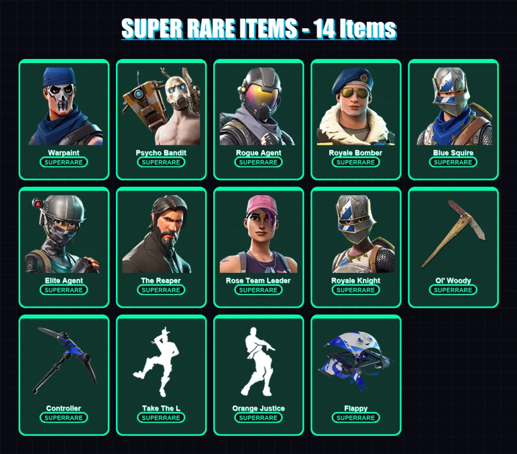 [PC] | Warpaint | Psycho Bandit | Rogue Agent | Royale Bomber | Blue Squire | 54 skin | 66 pickaxe | 54 emote | 61 glider | Lv891 — Fortnite account