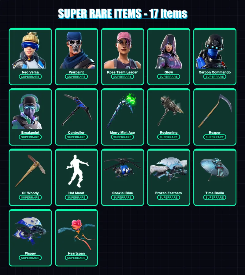 [PC] | Neo Versa | Warpaint | Rose Team Leader | Glow | Carbon Commando | 273 skin | 263 pickaxe | 213 emote | 201 glider | Lv2537