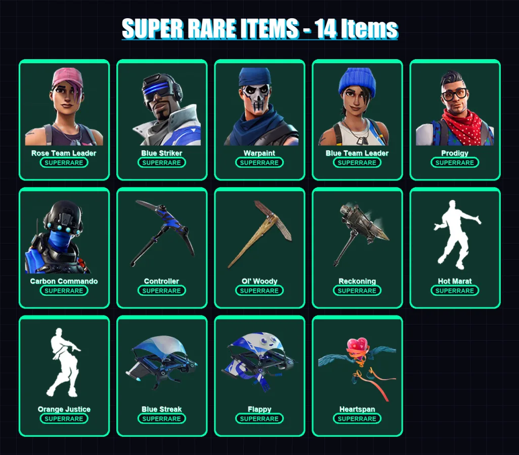 [PS4/PS5/XBOX/PC] | Rose Team Leader | Blue Striker | Warpaint | Blue Team Leader | Prodigy | 57 skin | 35 pickaxe | 54 emote | 43 glider | Lv453