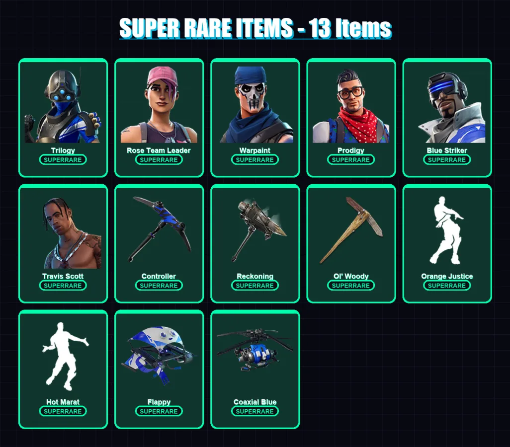 [PC/XBOX/PSN] | Trilogy | Rose Team Leader | Warpaint | Prodigy | Blue Striker | 79 skin | 81 pickaxe | 90 emote | 85 glider | Lv1544
