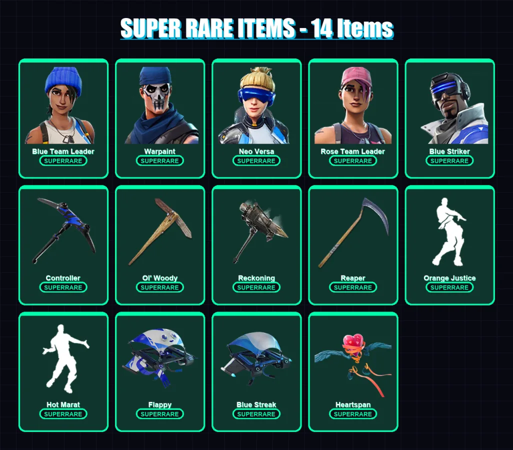 [PC] | Blue Team Leader | Warpaint | Neo Versa | Rose Team Leader | Blue Striker | 96 skin | 101 pickaxe | 103 emote | 105 glider | Lv1199 — Fortnite account
