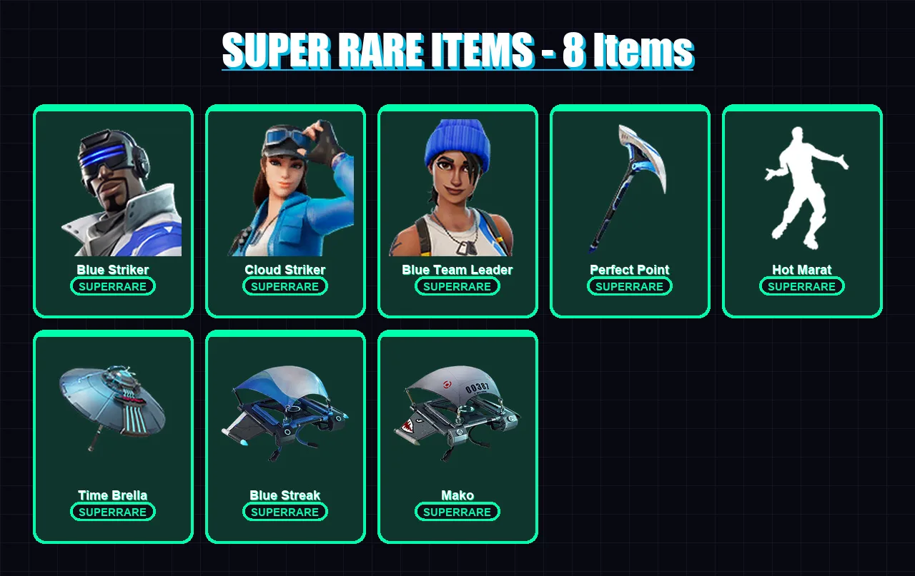 [PC] | Blue Striker | Cloud Striker | Blue Team Leader | The Scientist | Pig the Butcher | 8 skin | 66 pickaxe | 49 emote | 73 glider | Lv1082