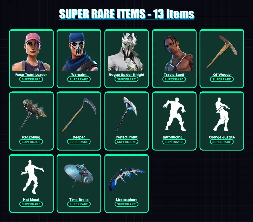 [PS4/PS5/XBOX/PC] | Rose Team Leader | Warpaint | Rogue Spider Knight | Travis Scott | Midas | 91 skin | 127 pickaxe | 101 emote | 108 glider | Lv15 — Game account