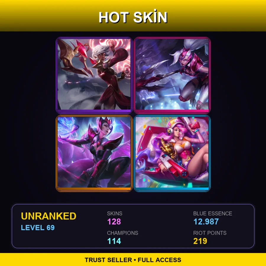 NA | Conqueror Karma | Challenger Nidalee | Challenger Ahri | Arcade Miss Fortune | 128 Skin | 114 Champ | Lv69