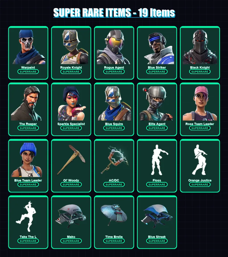 [PC/XBOX] | Warpaint | Royale Knight | Rogue Agent | Blue Striker | Black Knight | 34 skin | 26 pickaxe | 33 emote | 31 glider | Lv401