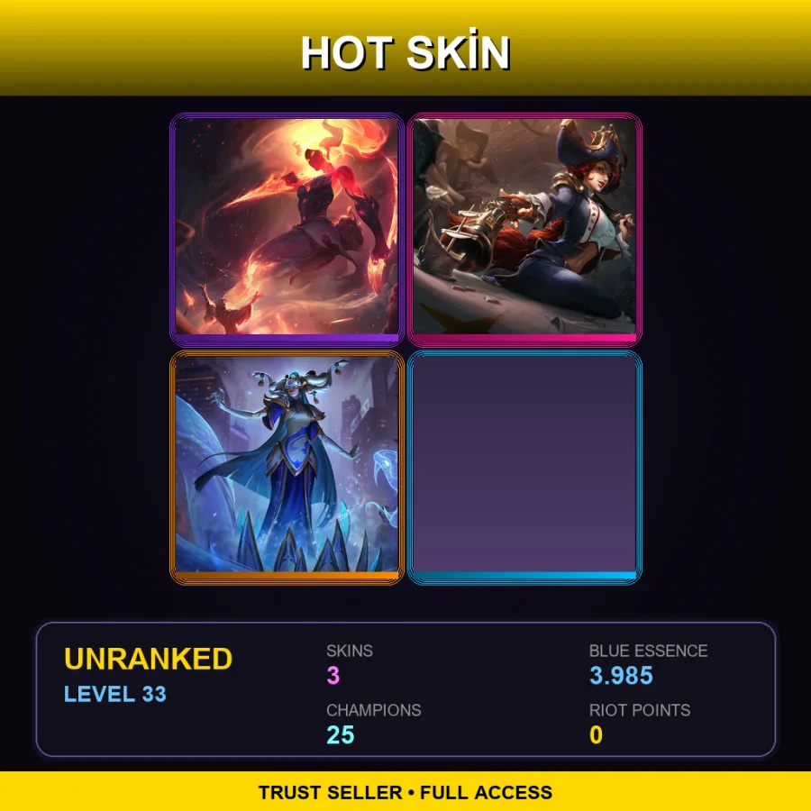 EUW | Lv33 | Unranked | 3 Skin | 25 Champ — LoL account