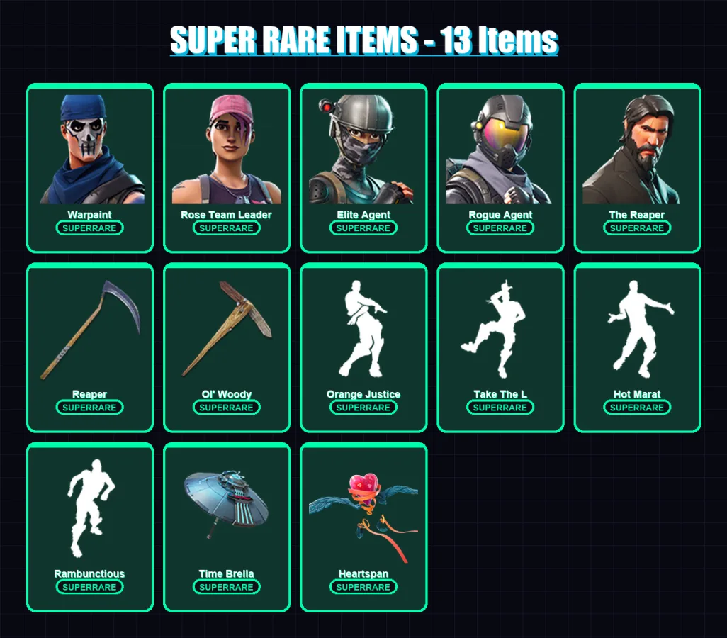 [PC/XBOX/PSN] | Warpaint | Rose Team Leader | Elite Agent | Rogue Agent | The Reaper | 40 skin | 41 pickaxe | 48 emote | 40 glider | Lv424