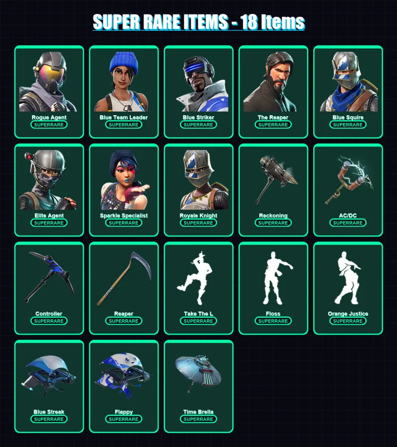 [PS4/PS5/XBOX/PC] | Rogue Agent | Blue Team Leader | Blue Striker | The Reaper | Blue Squire | 55 skin | 76 pickaxe | 78 emote | 83 glider | Lv1558 — Fortnite account