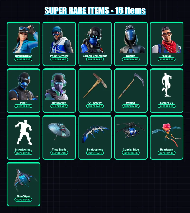 [PS4/PS5/XBOX/PC] | Cloud Striker | Point Patroller | Carbon Commando | Sultura | Prodigy | 139 skin | 168 pickaxe | 161 emote | 124 glider | Lv1441