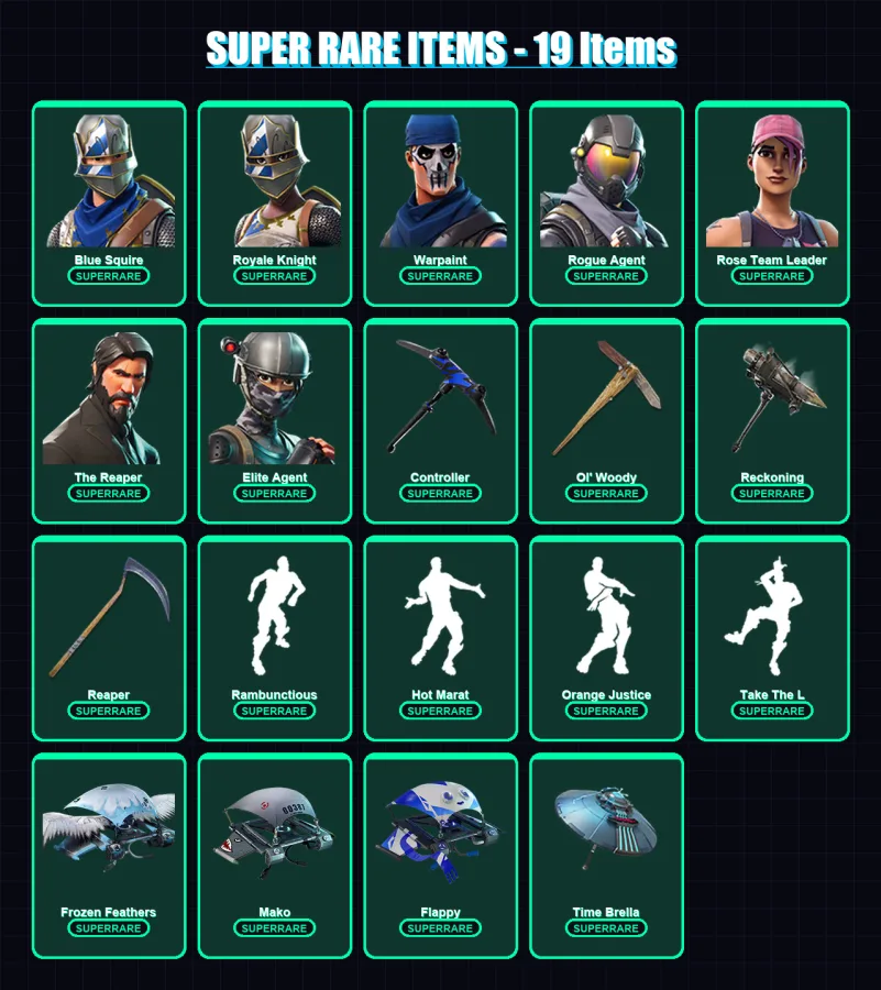 [PS4/PS5/XBOX/PC] | Blue Squire | Royale Knight | Warpaint | Rogue Agent | Rose Team Leader | 79 skin | 54 pickaxe | 58 emote | 54 glider | Lv775 — Fortnite account