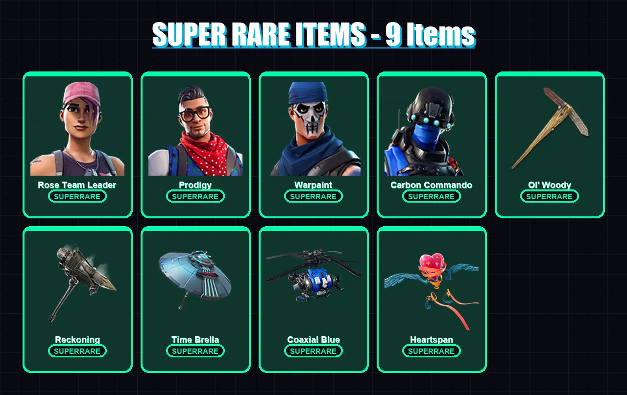 [PC/XBOX/PSN] | Rose Team Leader | Prodigy | Warpaint | Carbon Commando | Sentinel | 98 skin | 126 pickaxe | 111 emote | 116 glider | Lv1572