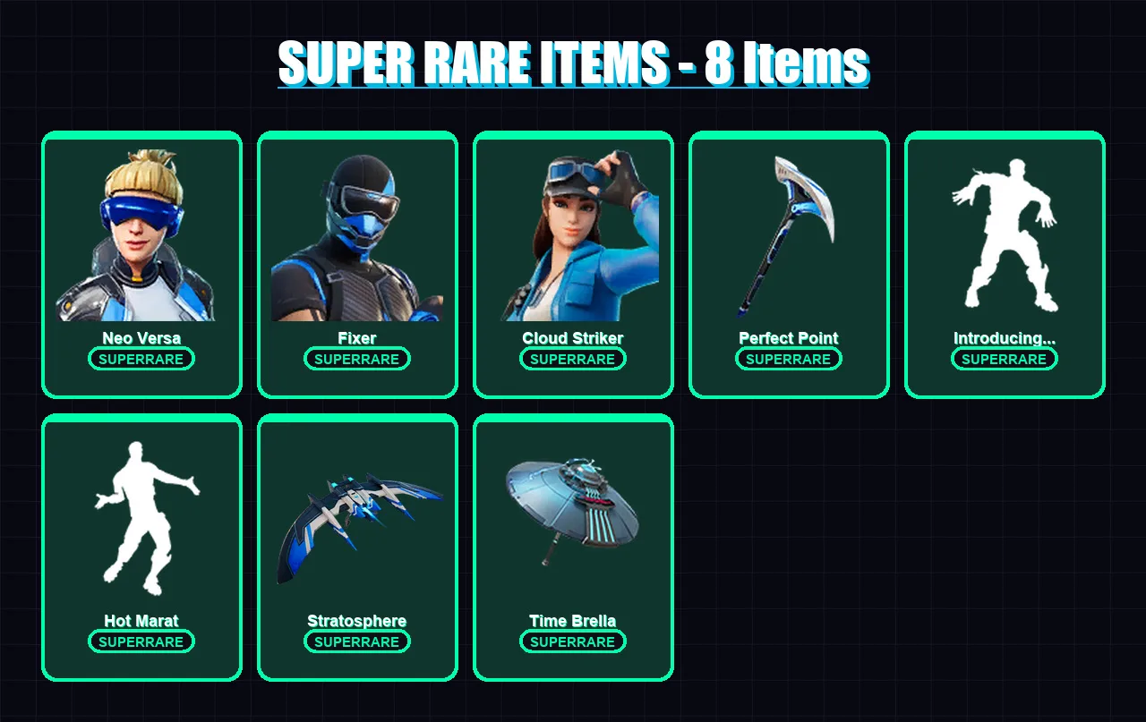 [PS4/PS5/XBOX/PC] | Neo Versa | Fixer | Cloud Striker | Hybrid | Blackheart | 115 skin | 155 pickaxe | 112 emote | 149 glider | Lv2156