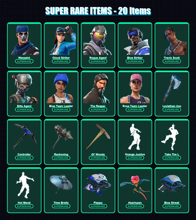 [PS4/PS5/XBOX/PC] | Warpaint | Cloud Striker | Rogue Agent | Blue Striker | Travis Scott | 176 skin | 161 pickaxe | 132 emote | 127 glider | Lv1878
