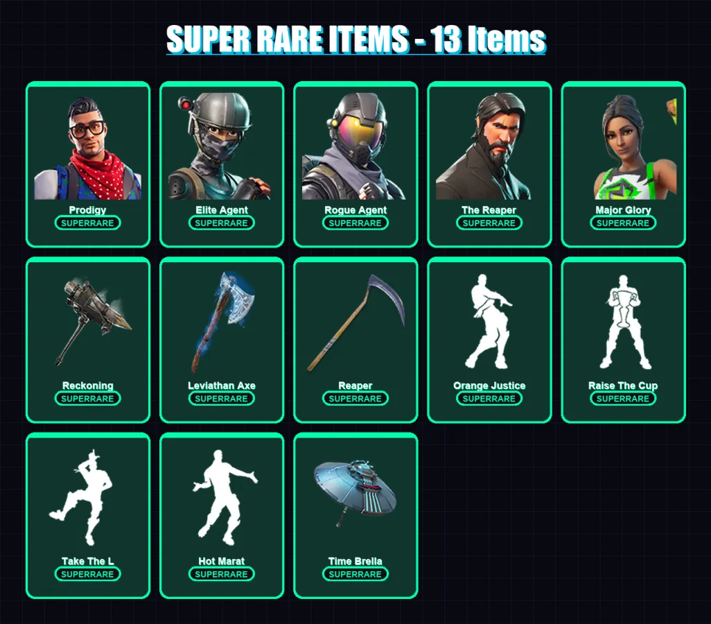 [PC/XBOX/PSN] | Prodigy | Elite Agent | Rogue Agent | The Reaper | Major Glory | 130 skin | 113 pickaxe | 117 emote | 101 glider | Lv1926