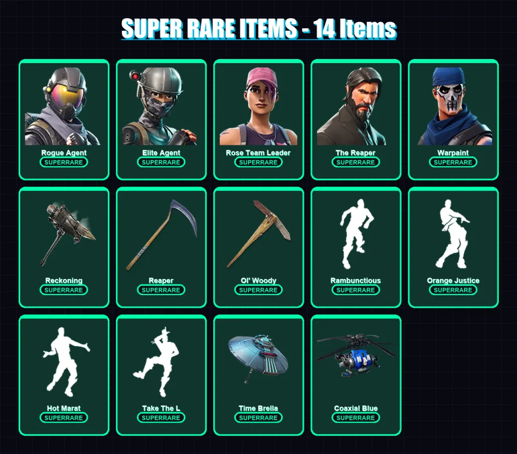[PS4/PS5/XBOX/PC] | Rogue Agent | Elite Agent | Rose Team Leader | The Reaper | Warpaint | 106 skin | 97 pickaxe | 104 emote | 101 glider | Lv1246