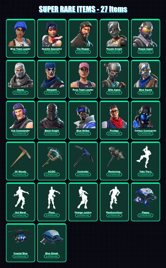 [PC/XBOX/PSN] | Blue Team Leader | Sparkle Specialist | The Reaper | Royale Knight | Rogue Agent | 61 skin | 37 pickaxe | 48 emote | 50 glider | Lv5