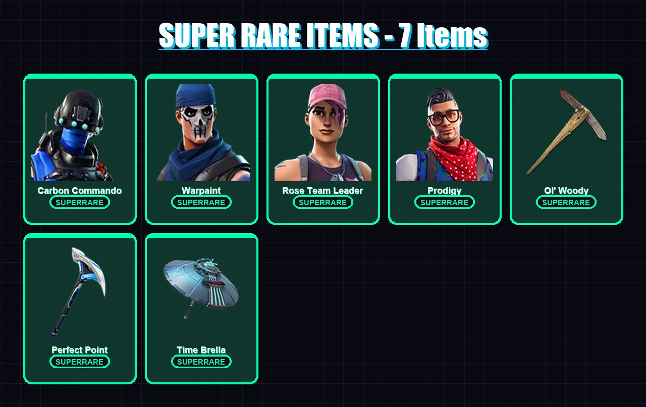 [PC/XBOX] | Carbon Commando | Warpaint | Rose Team Leader | Prodigy | Ruby Shadows | 13 skin | 23 pickaxe | 24 emote | 29 glider | Lv406