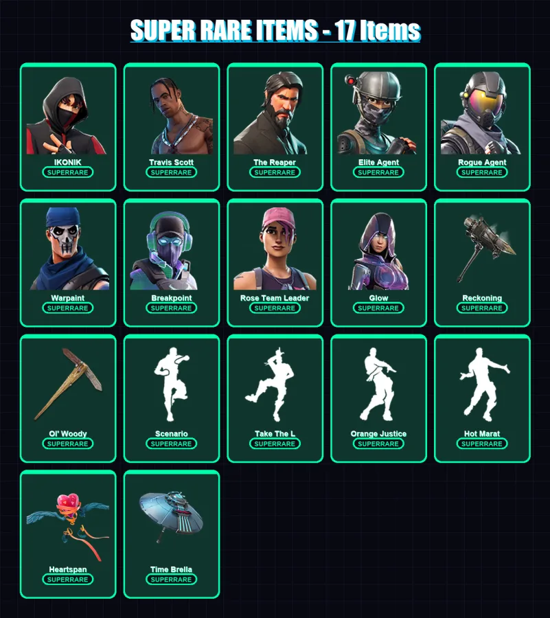 [PS4/PS5/XBOX/PC] | IKONIK | Travis Scott | The Reaper | Elite Agent | Rogue Agent | 123 skin | 113 pickaxe | 159 emote | 121 glider | Lv1672