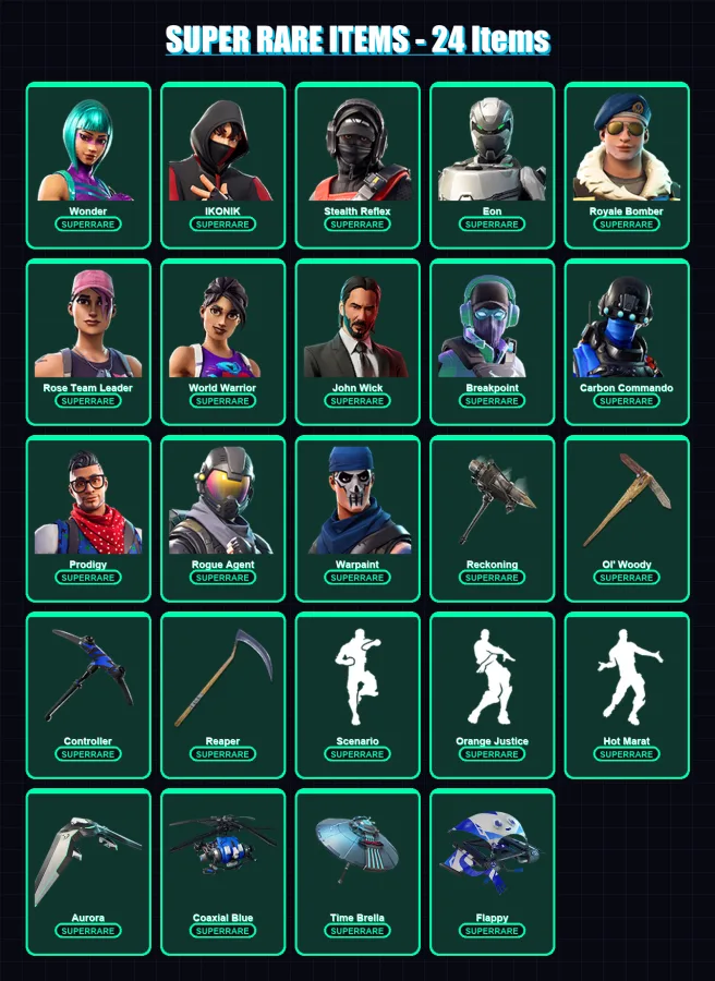 [PS4/PS5/XBOX/PC] | Wonder | IKONIK | Stealth Reflex | Eon | Royale Bomber | 241 skin | 127 pickaxe | 163 emote | 108 glider | Lv1289