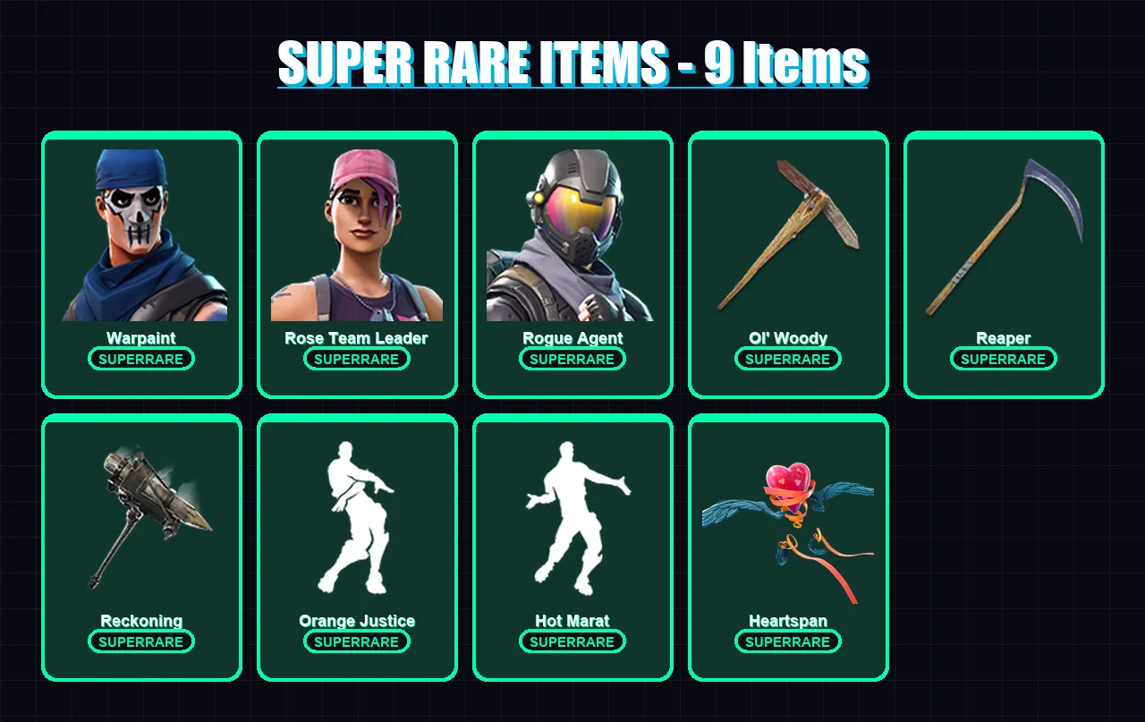 [PC/XBOX] | Warpaint | Rose Team Leader | Rogue Agent | Fade | Omega | 74 skin | 59 pickaxe | 66 emote | 74 glider | Lv1019