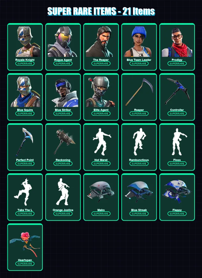 [PC/XBOX] | Royale Knight | Rogue Agent | The Reaper | Blue Team Leader | Prodigy | 100 skin | 73 pickaxe | 94 emote | 79 glider | Lv1105