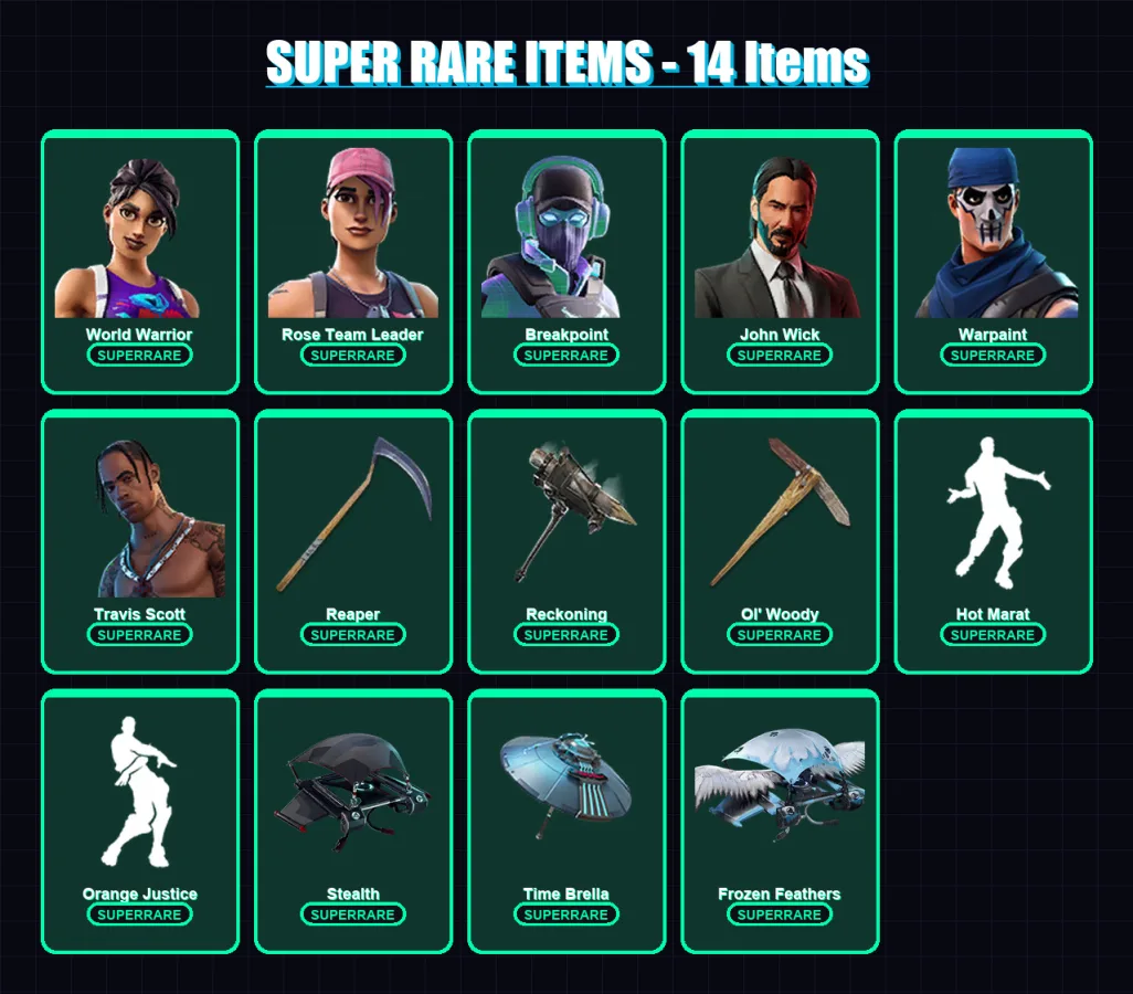 [PC/PSN] | World Warrior | Rose Team Leader | Breakpoint | John Wick | Warpaint | 244 skin | 194 pickaxe | 219 emote | 162 glider | Lv3167