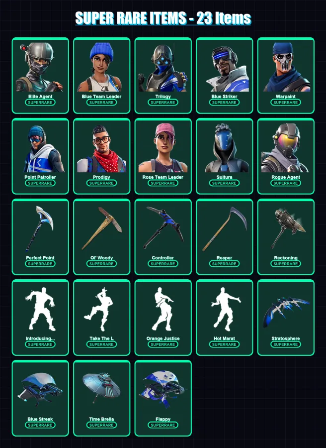 [PS4/PS5/XBOX/PC] | Elite Agent | Blue Team Leader | Trilogy | Blue Striker | Warpaint | 130 skin | 136 pickaxe | 111 emote | 129 glider | Lv1536