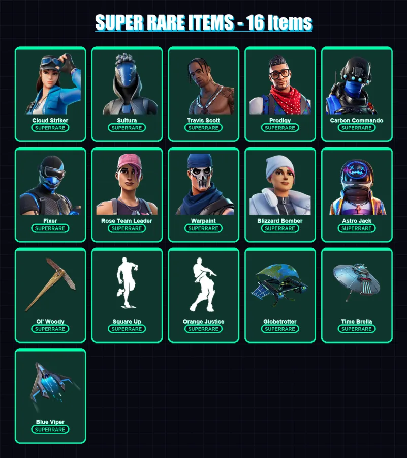 [PS4/PS5/XBOX/PC] | Cloud Striker | Sultura | Travis Scott | Prodigy | Carbon Commando | 222 skin | 195 pickaxe | 146 emote | 149 glider | Lv2239