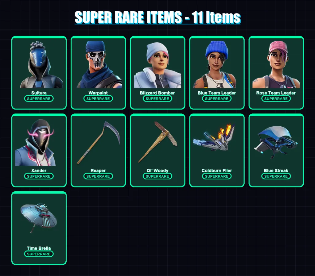 [PC] | Sultura | Warpaint | Blizzard Bomber | Blue Team Leader | Rose Team Leader | 183 skin | 216 pickaxe | 150 emote | 166 glider | Lv2351