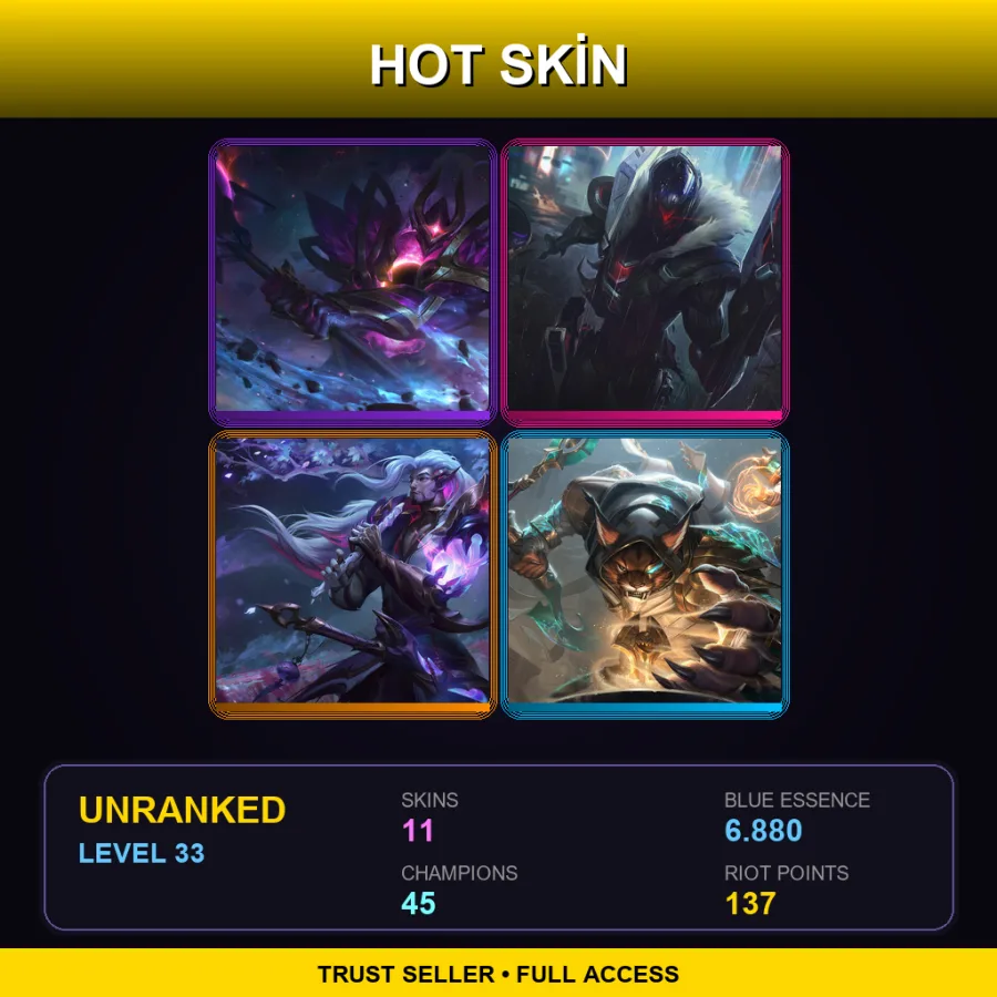 VN | Dark Star Mordekaiser | PROJECT: Jhin | Dream Dragon Yasuo | Guardian of the Sands Rengar | 11 Skin | 45 Champ | Lv33