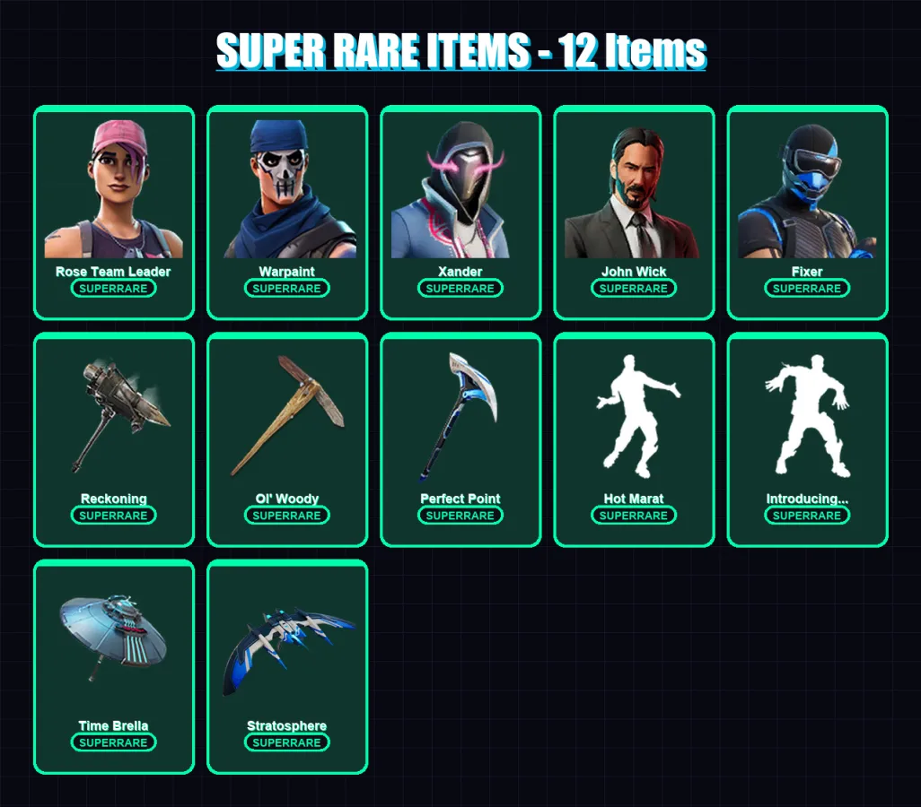 [PS4/PS5/XBOX/PC] | Rose Team Leader | Warpaint | Xander | John Wick | Fixer | 90 skin | 112 pickaxe | 85 emote | 95 glider | Lv1645
