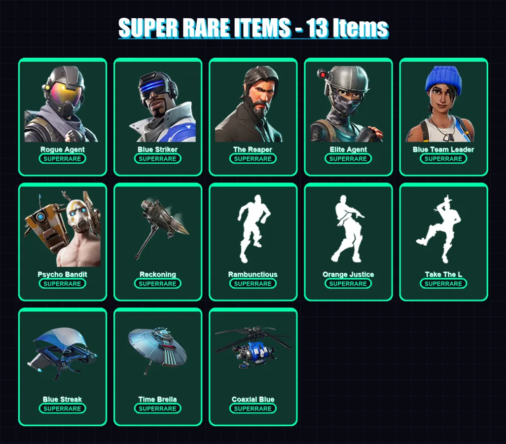 [PS4/PS5/XBOX/PC] | Rogue Agent | Blue Striker | The Reaper | Elite Agent | Blue Team Leader | 88 skin | 64 pickaxe | 81 emote | 80 glider | Lv1058