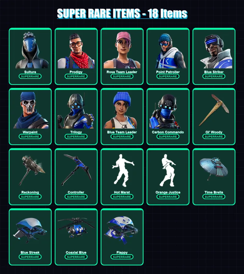 [PS4/PS5/XBOX/PC] | Sultura | Prodigy | Rose Team Leader | Point Patroller | Blue Striker | 53 skin | 104 pickaxe | 75 emote | 88 glider | Lv1512