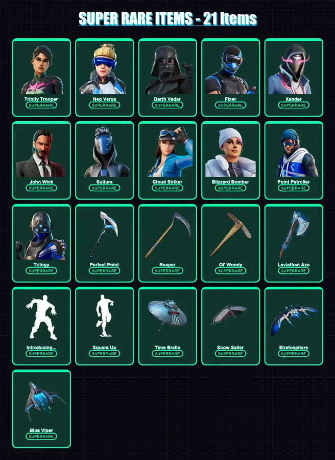 [PS4/PS5/XBOX/PC] | Trinity Trooper | Neo Versa | Darth Vader | Fixer | Xander | 557 skin | 570 pickaxe | 509 emote | 300 glider | Lv5357