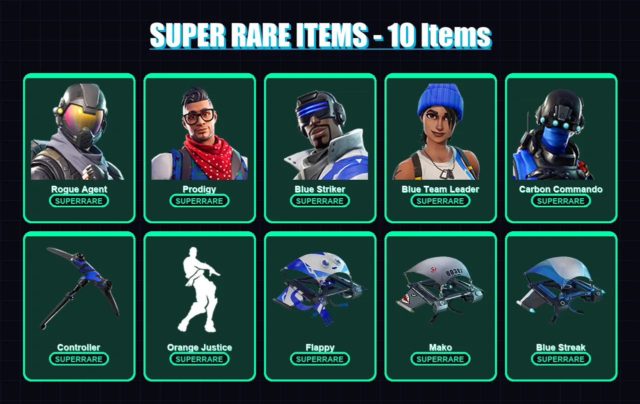 [PS4/PS5/XBOX/PC] | Rogue Agent | Prodigy | Blue Striker | Blue Team Leader | Carbon Commando | 15 skin | 12 pickaxe | 23 emote | 22 glider | Lv395