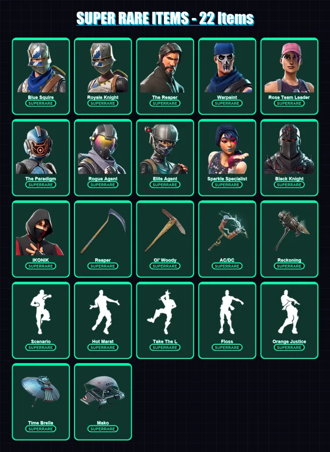 [PS4/PS5/XBOX/PC] | Blue Squire | Royale Knight | The Reaper | Warpaint | Rose Team Leader | 103 skin | 100 pickaxe | 123 emote | 99 glider | Lv1812