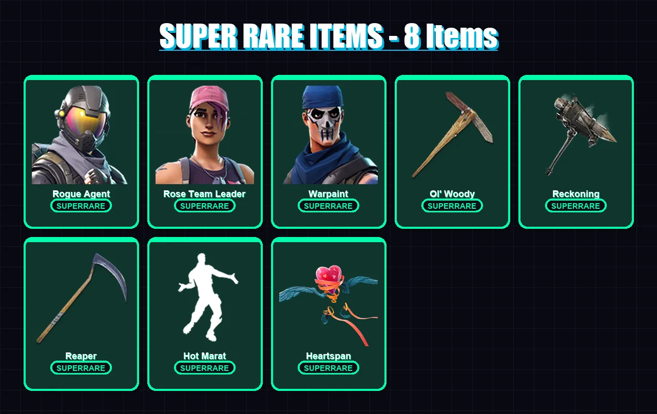 [PC/XBOX/PSN] | Rogue Agent | Rose Team Leader | Warpaint | Sentinel | Wild Card | 41 skin | 28 pickaxe | 32 emote | 34 glider | Lv335