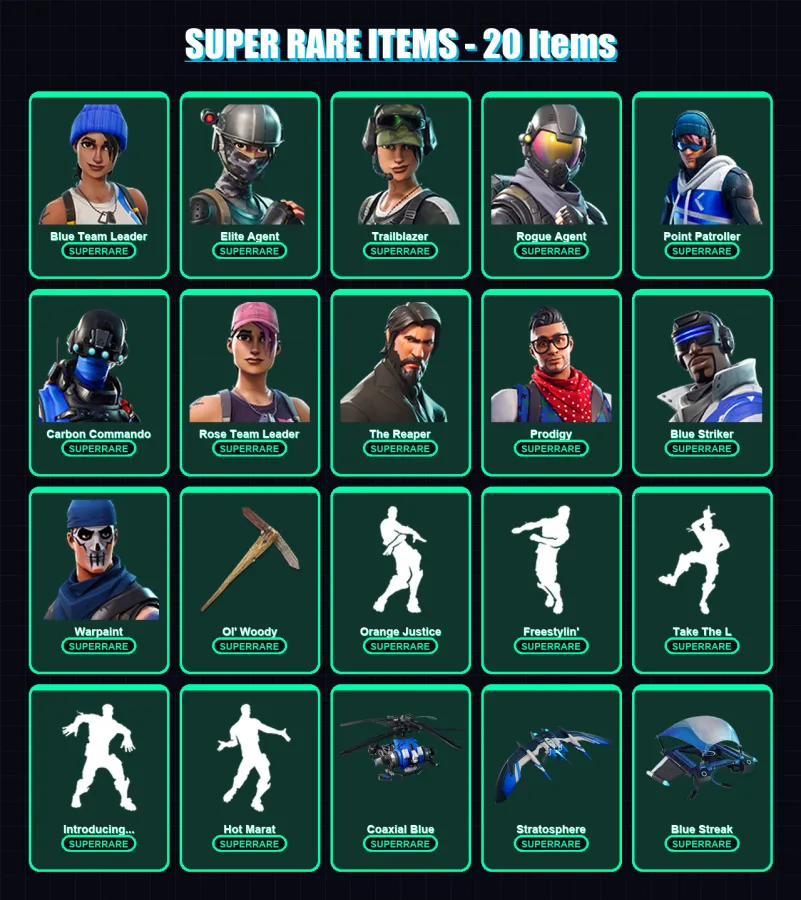 [PS4/PS5/XBOX/PC] | Blue Team Leader | Elite Agent | Trailblazer | Rogue Agent | Point Patroller | 64 skin | 40 pickaxe | 42 emote | 36 glider | Lv4