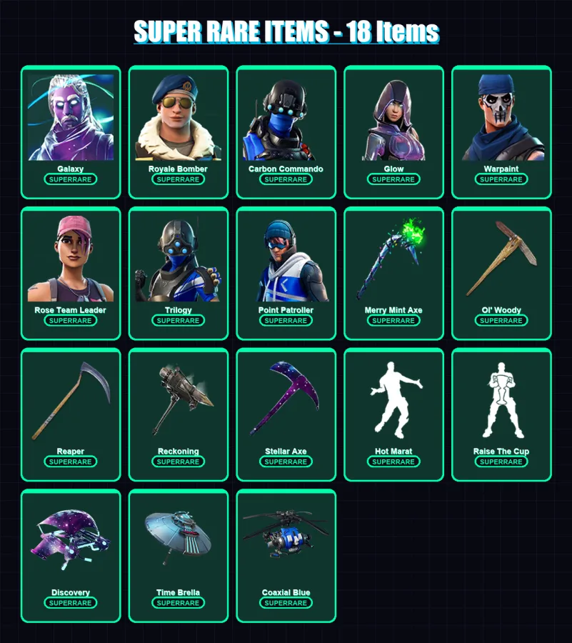 [PC] | Galaxy | Royale Bomber | Carbon Commando | Glow | Warpaint | 176 skin | 191 pickaxe | 169 emote | 155 glider | Lv2573