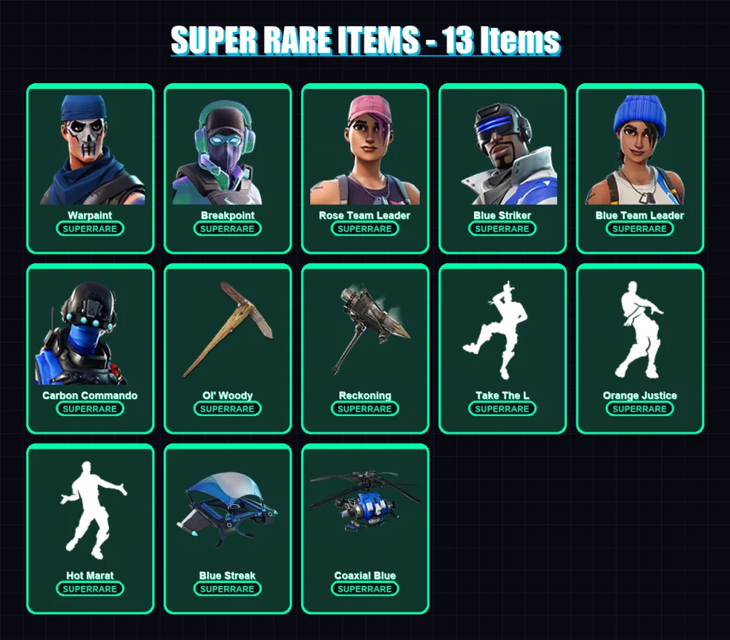 [PC] | Warpaint | Breakpoint | Rose Team Leader | Blue Striker | Blue Team Leader | 113 skin | 134 pickaxe | 138 emote | 97 glider | Lv1221