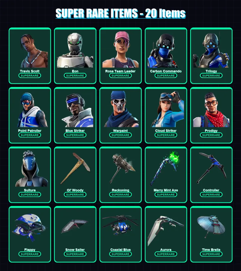 [PS4/PS5/XBOX/PC] | Travis Scott | Eon | Rose Team Leader | Carbon Commando | Trilogy | 116 skin | 100 pickaxe | 91 emote | 95 glider | Lv1094