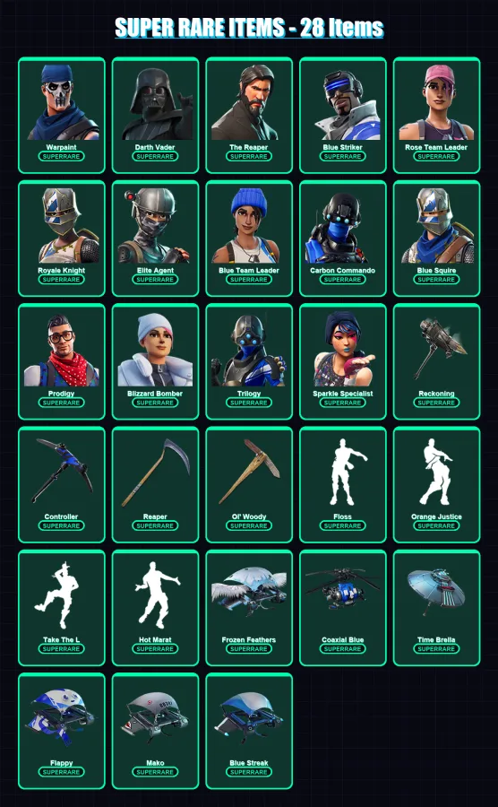 [PS4/PS5/XBOX/PC] | Warpaint | Darth Vader | The Reaper | Blue Striker | Rose Team Leader | 109 skin | 108 pickaxe | 119 emote | 99 glider | Lv1339