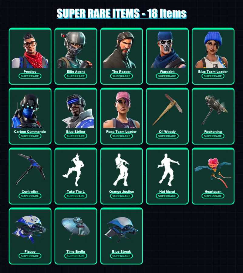 [PC/XBOX] | Prodigy | Elite Agent | The Reaper | Warpaint | Blue Team Leader | 109 skin | 123 pickaxe | 90 emote | 97 glider | Lv1020
