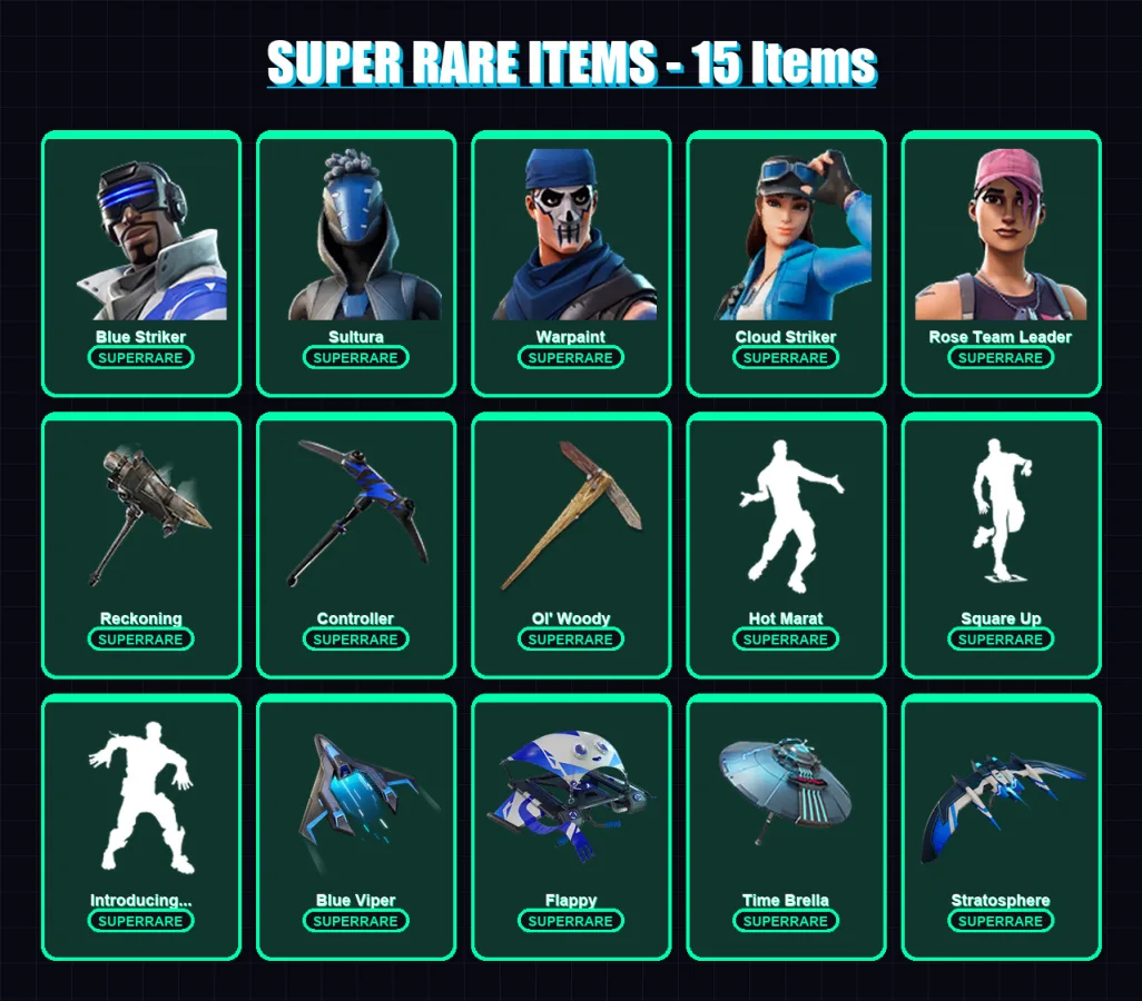 [PC/XBOX] | Blue Striker | Sultura | Warpaint | Cloud Striker | Rose Team Leader | 69 skin | 111 pickaxe | 83 emote | 112 glider | Lv1553